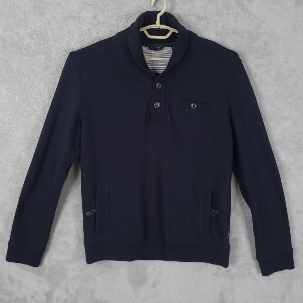 Ted Baker London Sweater Mens XL Navy Shawl Collar Button Mock Neck Pullover
